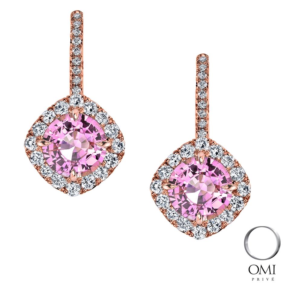 Pink sapphire and rose gold drop earrings by Omi Prive