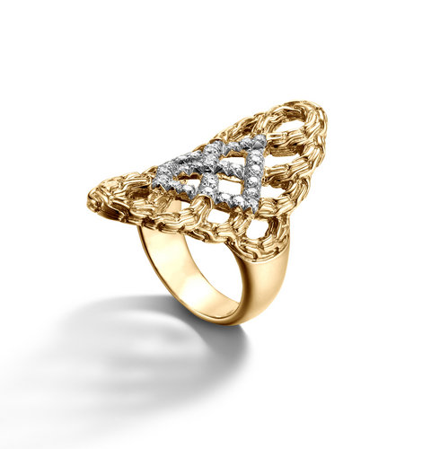 Woven braided saddle ring with diamond pave in 18K gold from John Hardy