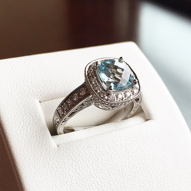 Aquamarine and diamond ring from Mitchener-Farrand Jewelers.