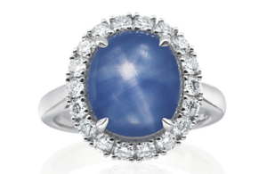 Star sapphire cabochon halo ring with round brilliant diamonds by Armadani 