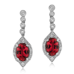 Oval shaped red spinel earrings set in 18k white gold with white diamonds by United Color Gems 