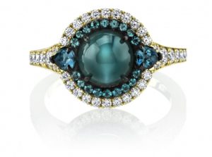 Alexandrite cats' eye framed by alexandrite and diamond ring by Omi Prive.