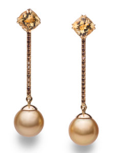 Yellow beryl, brown diamond, and golden South Sea pearl earrings by Baggins, Inc.