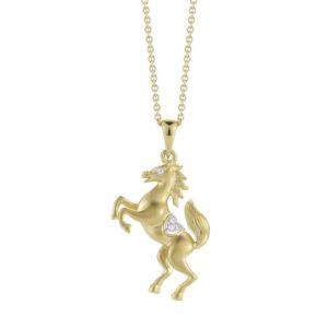 Standing 14k yellow gold horse necklace with diamonds, by Shula New York.