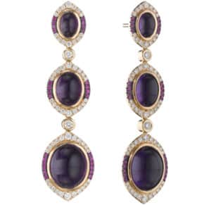Cabochon amethyst drop earrings framed by diamonds and pink sapphire, by Danhier.