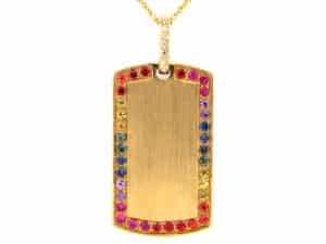 Rainbow sapphire and diamond dog tag pendant by Dilamani.