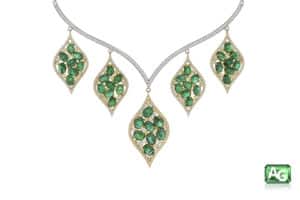 Cabochon emeralds accented by diamonds, by AG Gems.