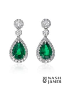 Pear-cut emerald and diamond earrings, by Nash James.