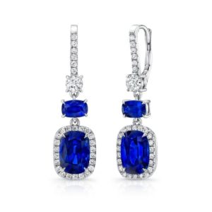 Cushion-cut blue sapphire and diamond dangle earrings by Uneek Fine Jewelry 