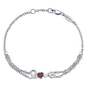 Spell it out with this sterling silver bracelet featuring a ruby-cluster heart, by Gabriel & Co.