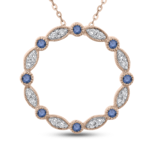 Blue and white diamond circle pendant in 10K rose gold, by Carizza.