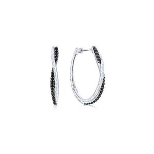 Sterling silver hammered twisted 35mm black spinel hoop earrings, by Gabriel & Co.