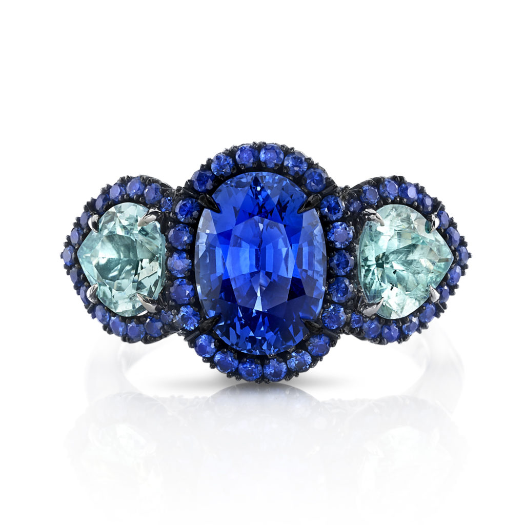 sapphire, rhodium, and Paraíba-type tourmalines ring