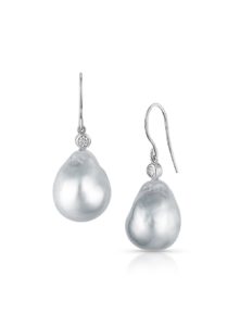 White gold shepherd hook diamond earrings with white South Sea pearls
