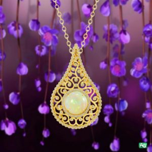 Yellow Gold Pendant featuring a fiery Ethiopian opal by AG Gems.