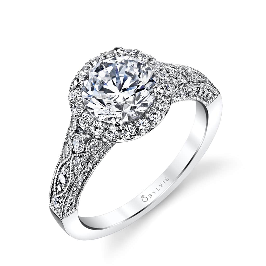 "Cheri" vintage-inspired diamond halo engagement ring.