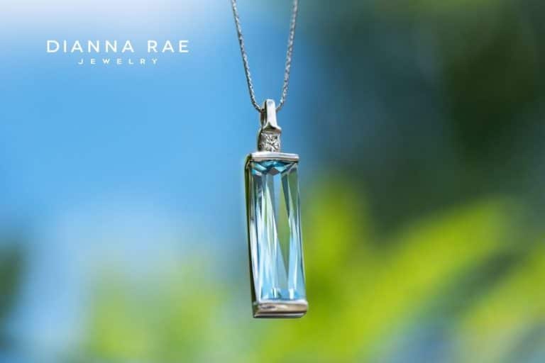 White gold aquamarine bar pendant with diamond accent by Dianna Rae Jewelry