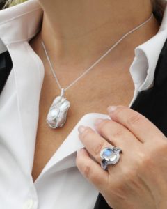 Moonstone ring and baroque pearl pendant by Yael Designs