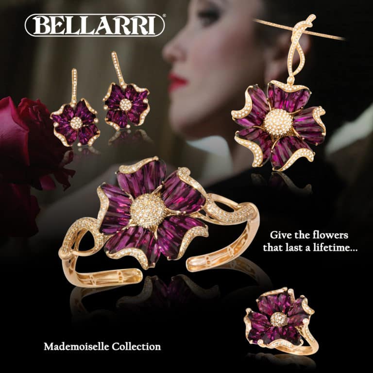 BELLARRI’s Mademoiselle Collection features elongated tapered rhodolite gemstone baguettes set intricately in a concave fashion. This channel setting design within these pieces flow organically so that the gemstones appear to have grown within the setting itself.