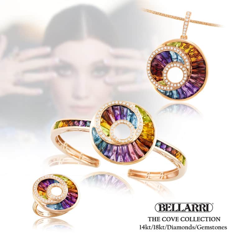 BELLARRI’s Cove Collection features a beautiful concave wave design in multicolor gemstones, creating a beautiful tapestry in color within the design itself.