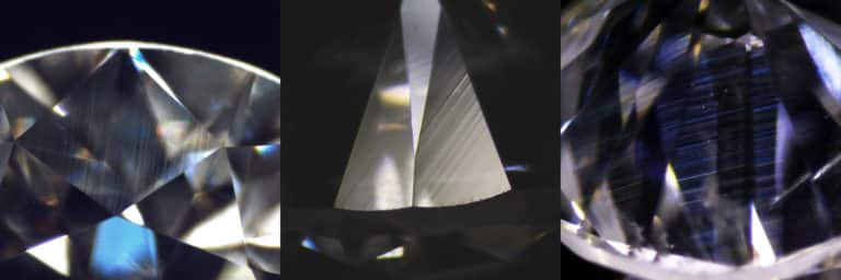 From left to right: whitish polish lines on the crown of a diamond, transparent polish lines on the pavilion of a diamond, and rainbow polish lines on the table of a diamond viewed through the pavilion.