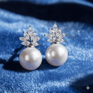Image generated using an AI multi-step process:11-12mm South Sea cultured pearl and 1-1/2 CT TW diamond cluster earrings in 14K white gold.