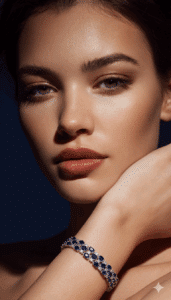 Image generated using an AI multi-step process: 15 3/4 CT TGW blue and white sapphire bracelet in 14K white gold.