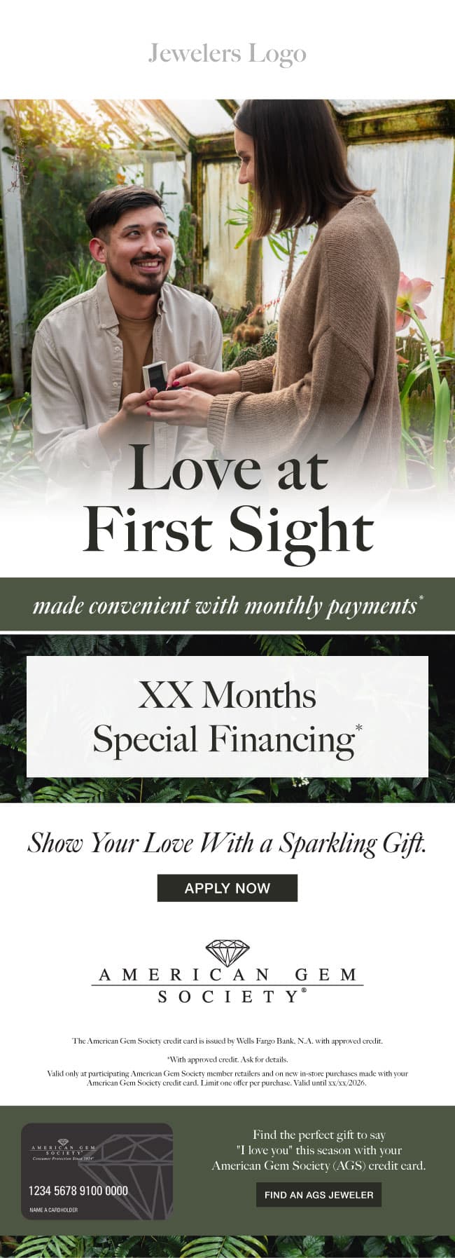 American Gem Society 'Love at First Sight' financing flyer, featuring a man proposing, with special-financing details and an Apply Now button.