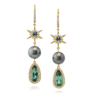 A pair of green tourmaline, black pearl, and diamond starburst drop earrings in gold, by Parle.