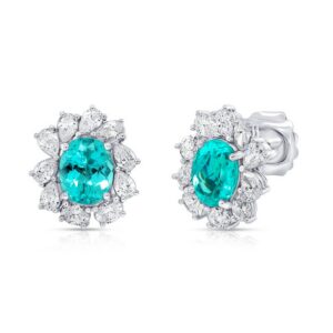 A pair of oval Paraiba tourmaline stud earrings with a diamond halo in white gold, by Uneek.